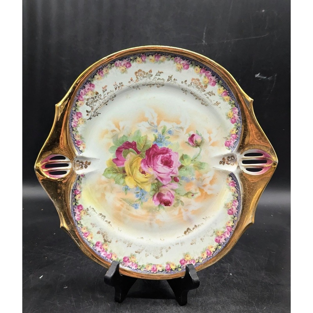 Vintage German‎ 10" Cake Serving Plate Pink Rose Transferware Gold Trim Handle
